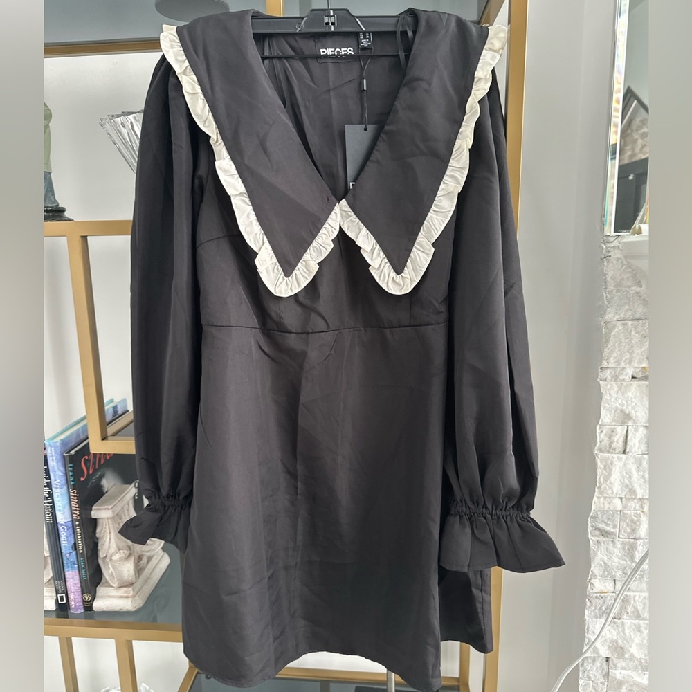 ASOS Black Long Sleeve Dress with Cream Trim